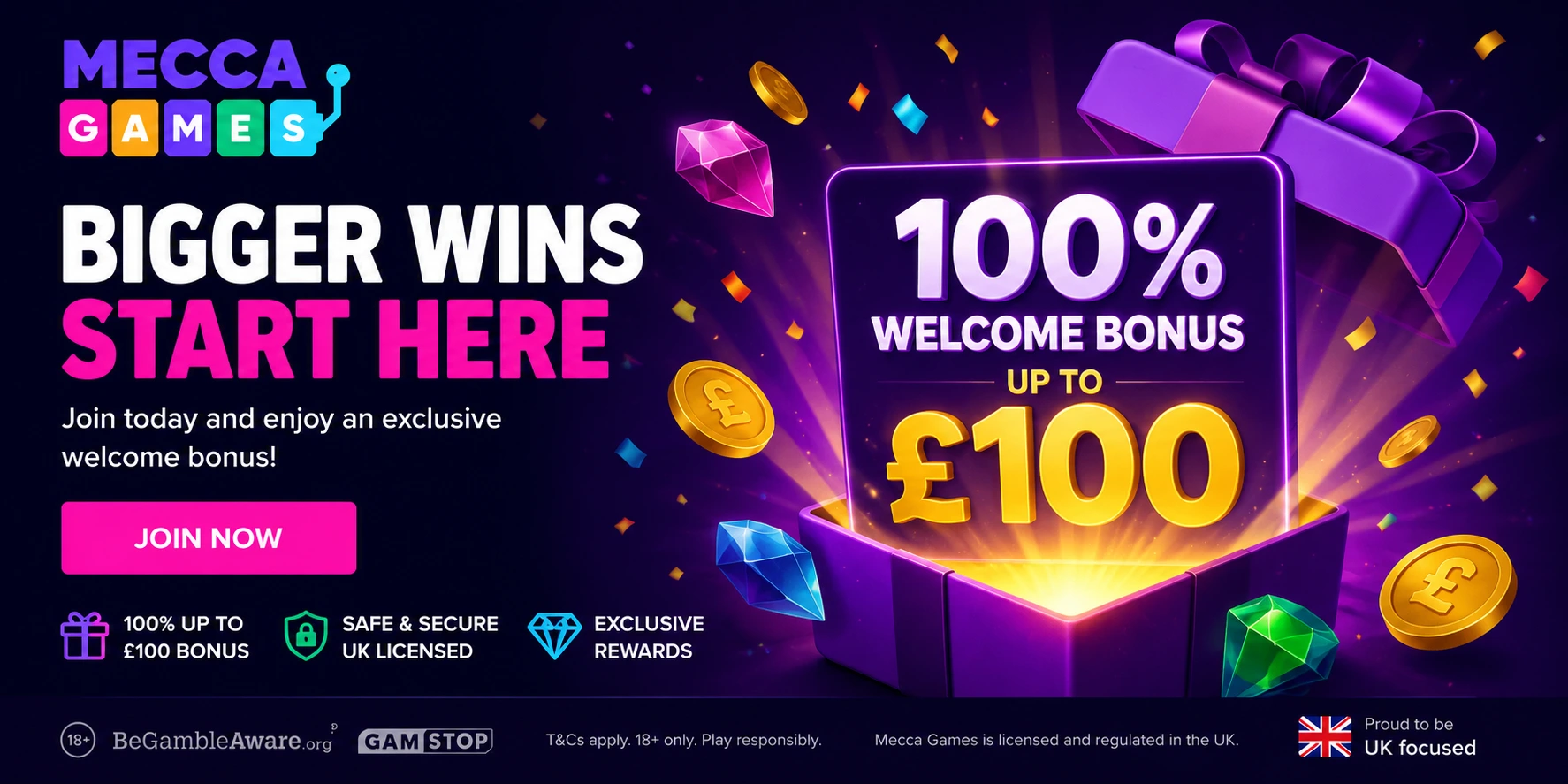 mecca games welcome bonus up to 100 pounds